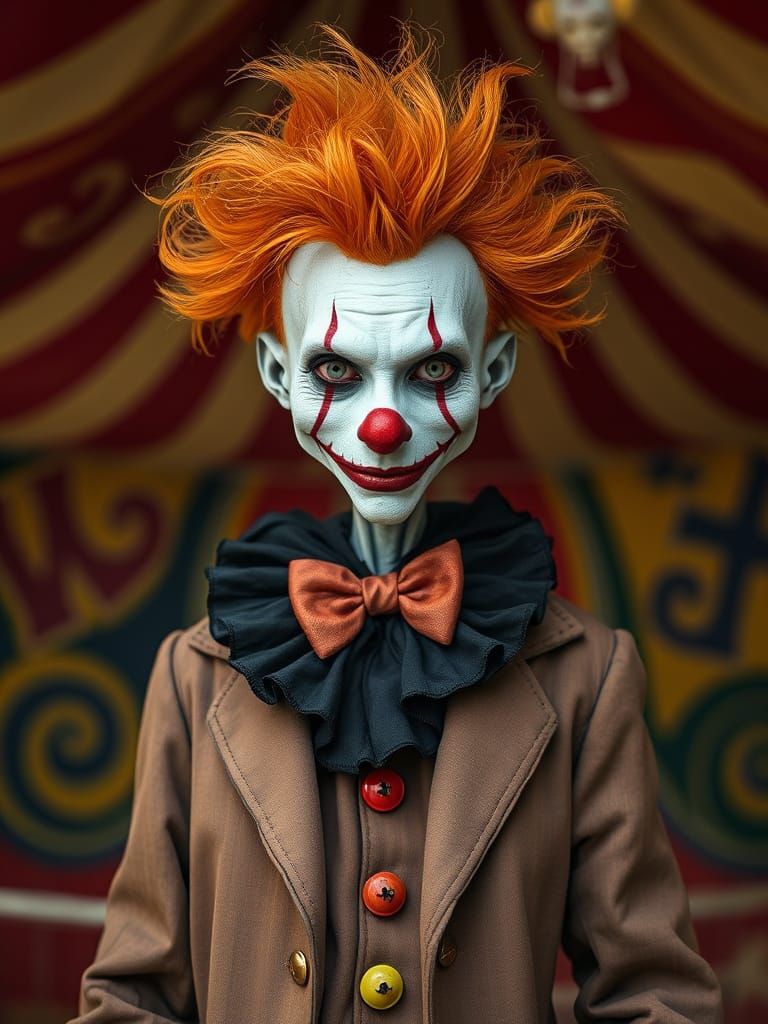 Ethereal Whimsigoth Clown Emerges from Vibrant Circus Backgr...