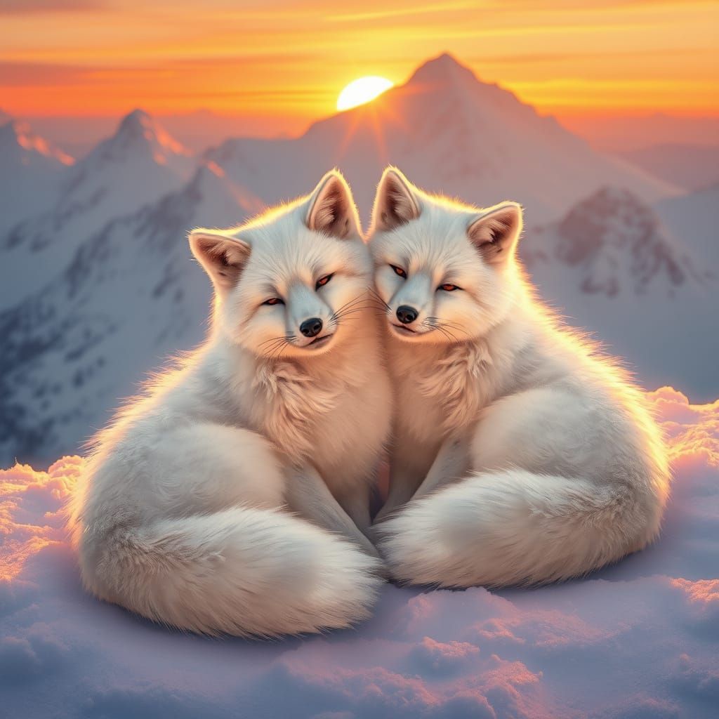 Snow Foxes Cuddle on Mountain in Golden Light