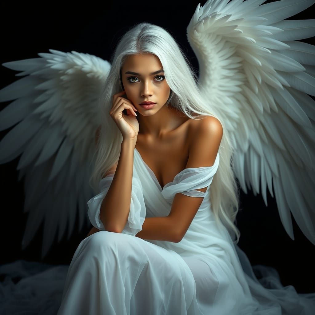 Ethereal Angel Woman with Flowing White Hair