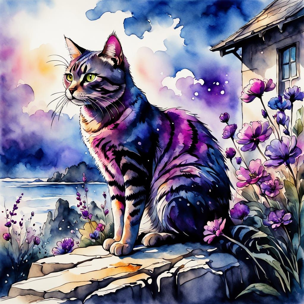 Tabby Cat on Stone Wall in Watercolor Splash Art