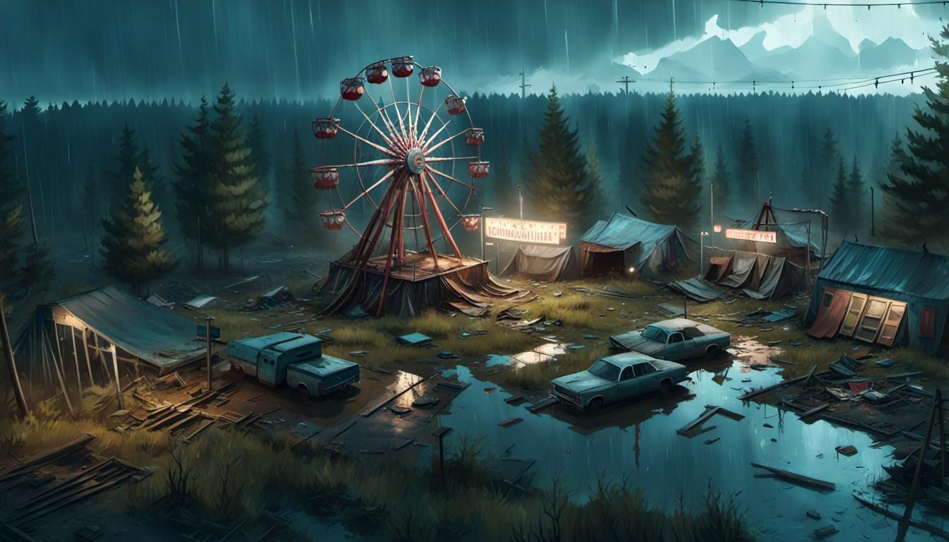 Liminal Biopunk Fairground in Overgrown Wasteland