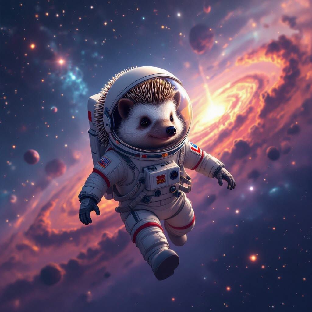 Hedgehog Astronaut Drifting in Cosmic Nebula