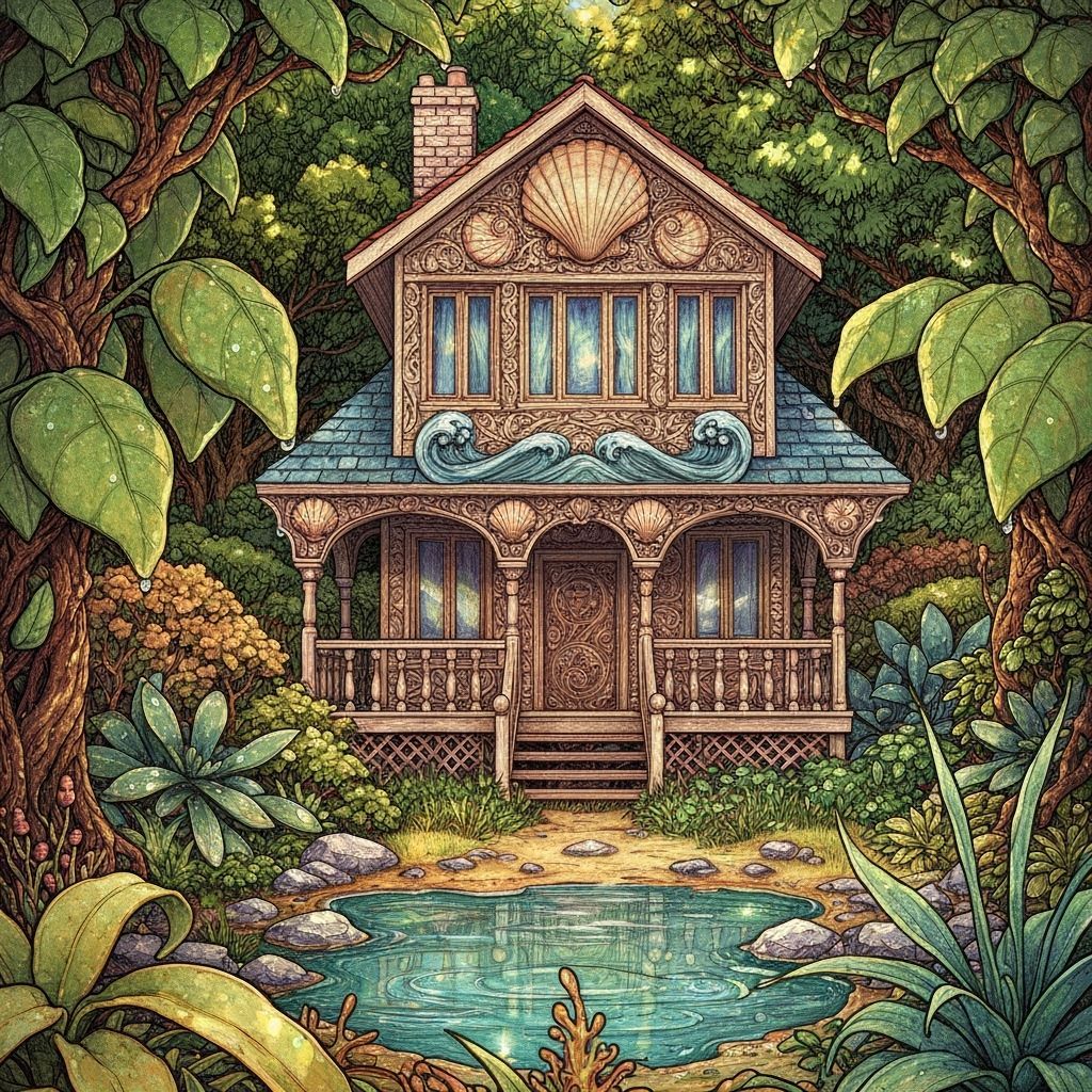 Ornate Beach House Illustration with Seashell Carvings