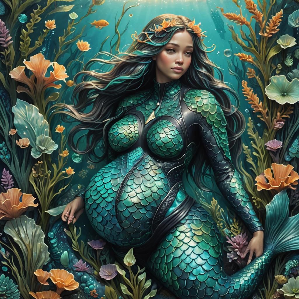Pregnant Mermaid in Turquoise Scales: Fantasy Art