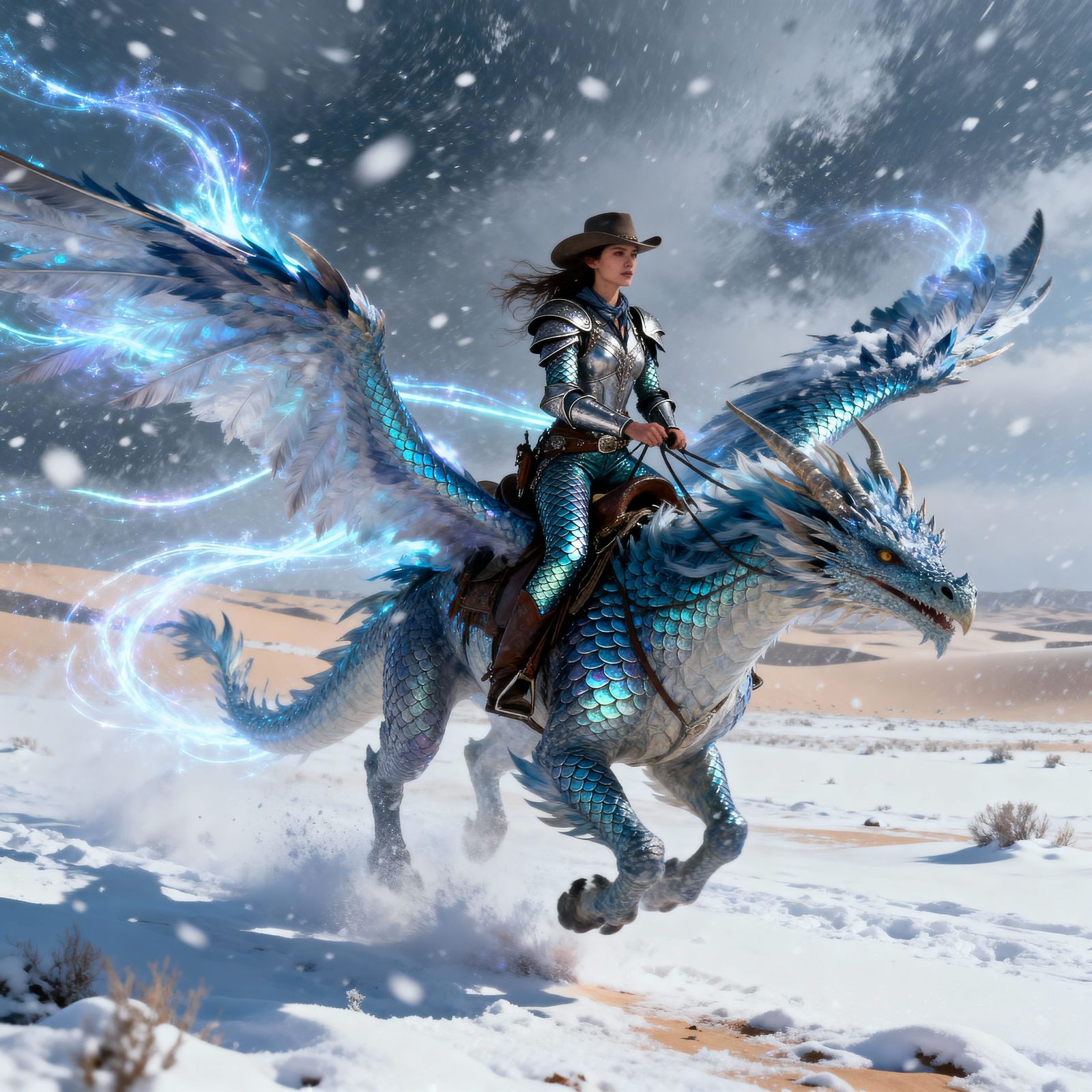 Cowgirl Rides Feathered Dragon Through Winter Desert