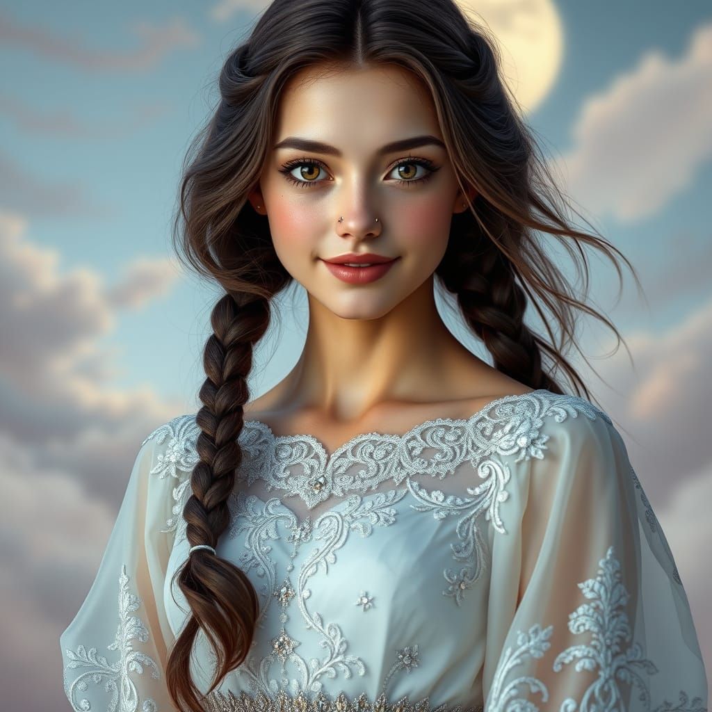 Ethereal European Goddess in Flowing Gown