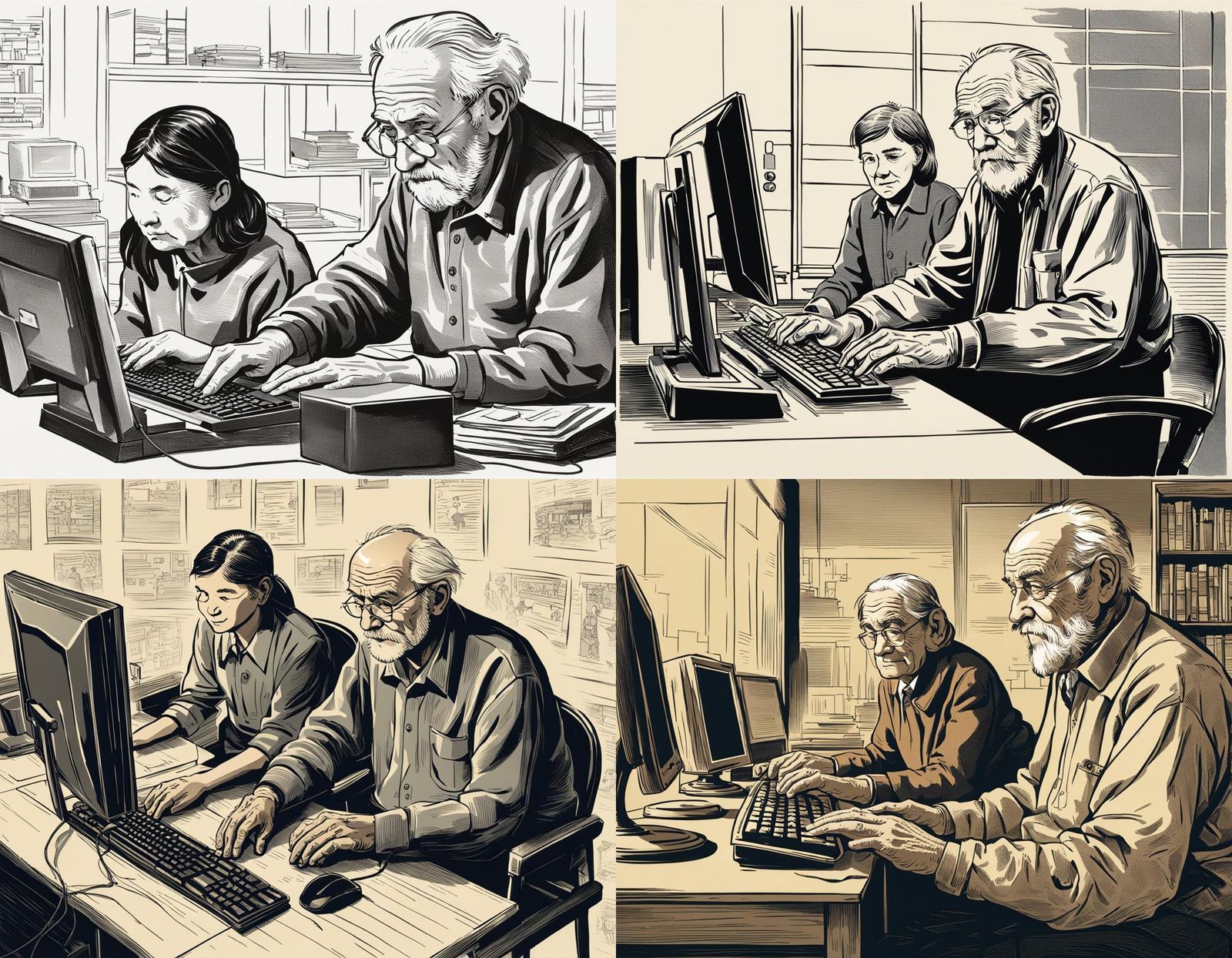Young Woman and Old Man Working on Computer