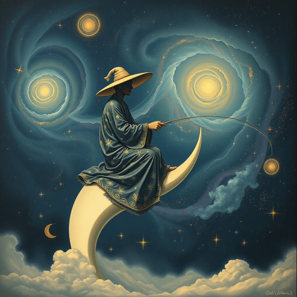 Cosmic Fisherman on Crescent Moon in Surrealist Style