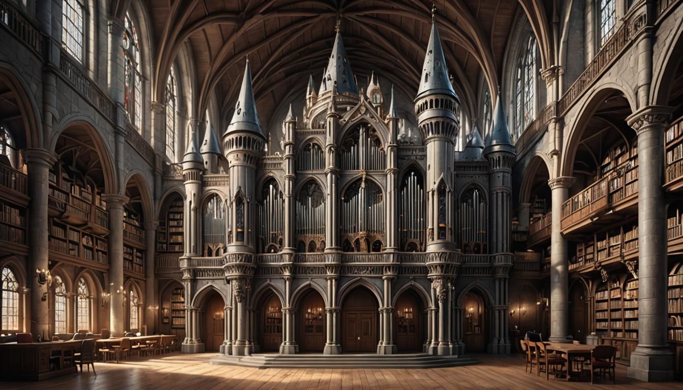 Hyperrealistic Castle Interior with Library and Organ
