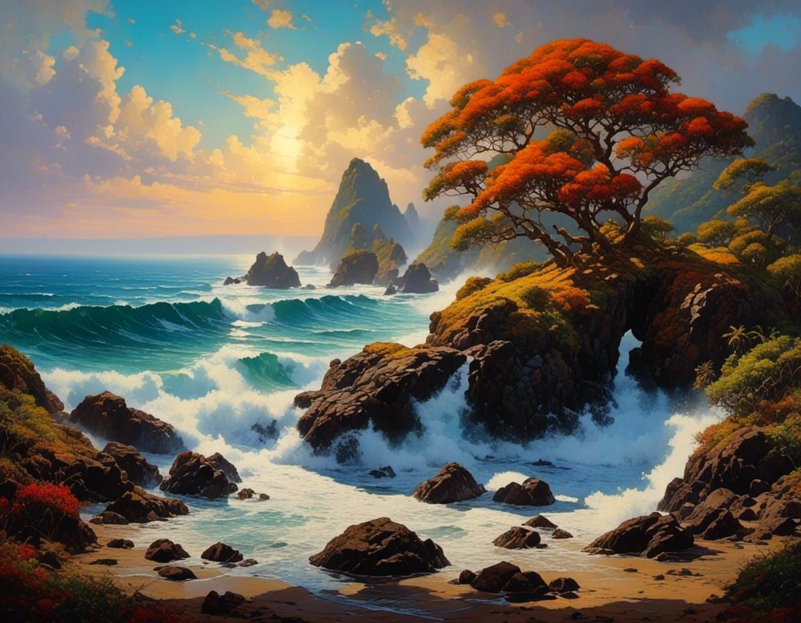 Tropical Beach Scene with Waves and Wildflowers