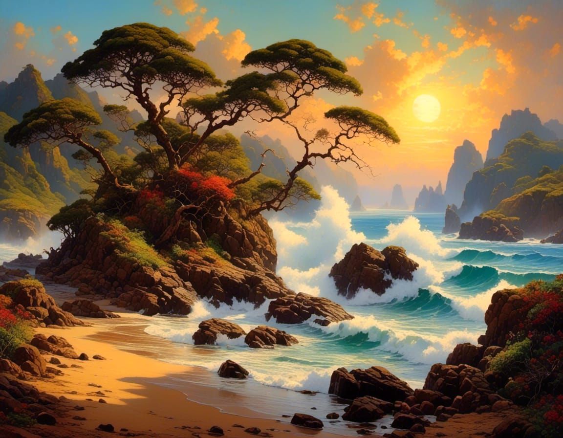 Tropical Beach Seascape with Impasto and Ink Effects