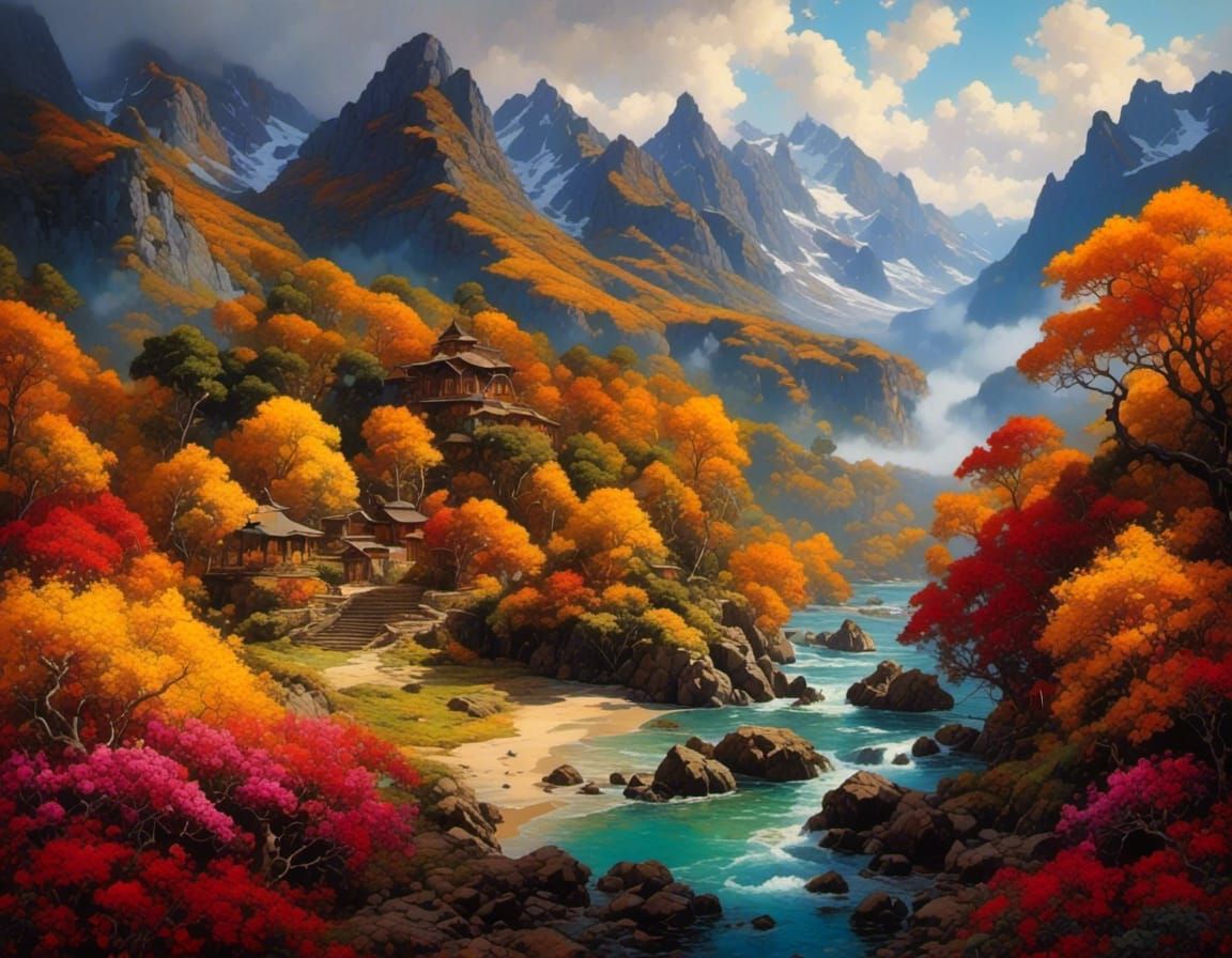 Tropical Beach Seascape with Waves in Impasto Style