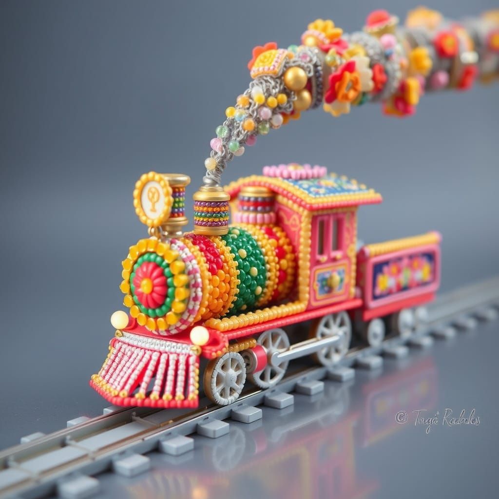 Colorful Beaded Steam Train in Pop Surreal Style