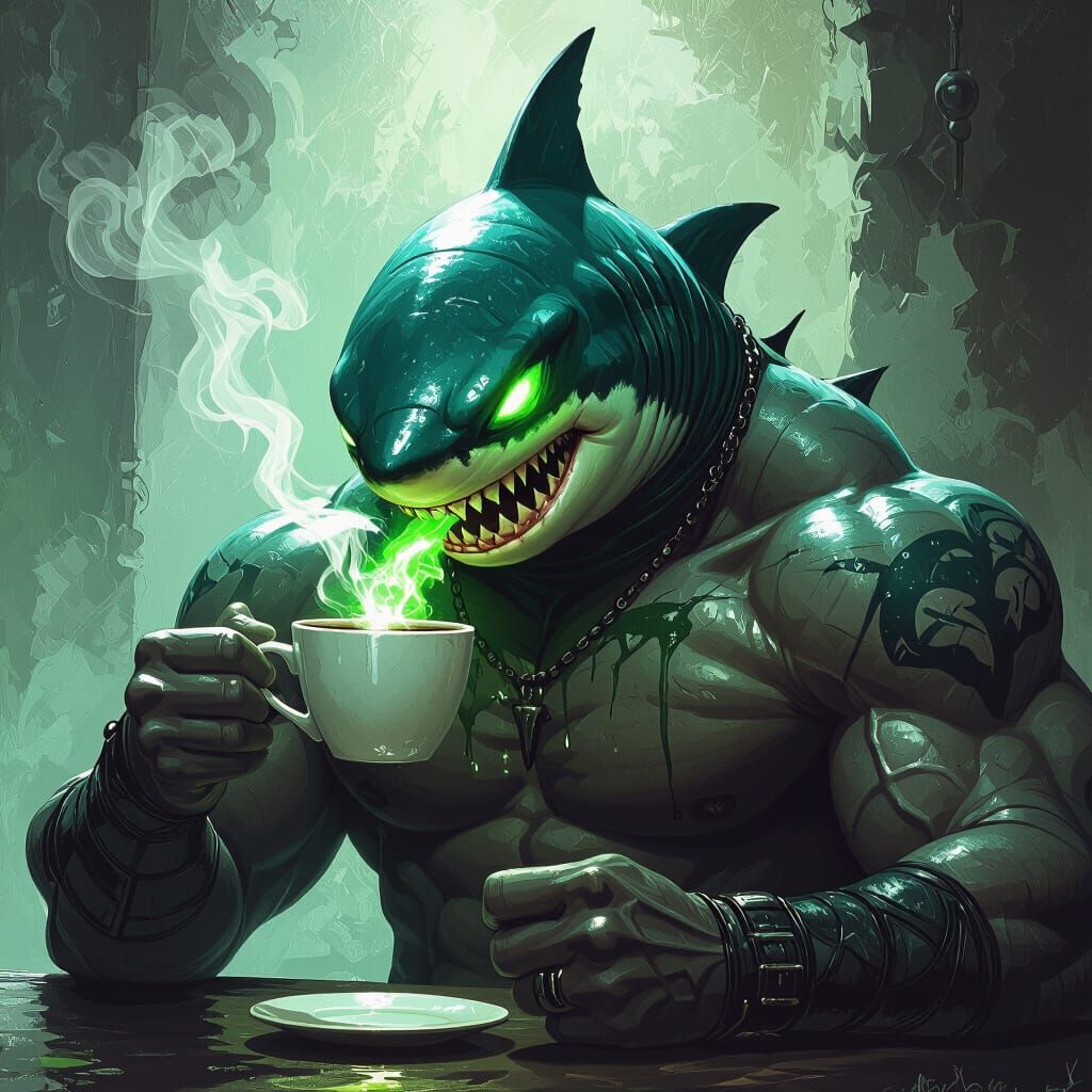 Muscular Shark-Head Man Drinks Poison Coffee