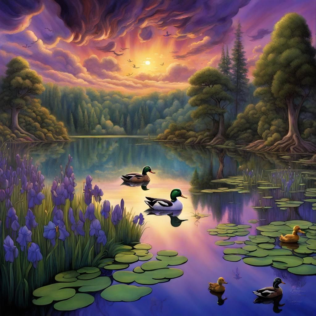 Colorful Sunset Over Serene Fantasy Lake