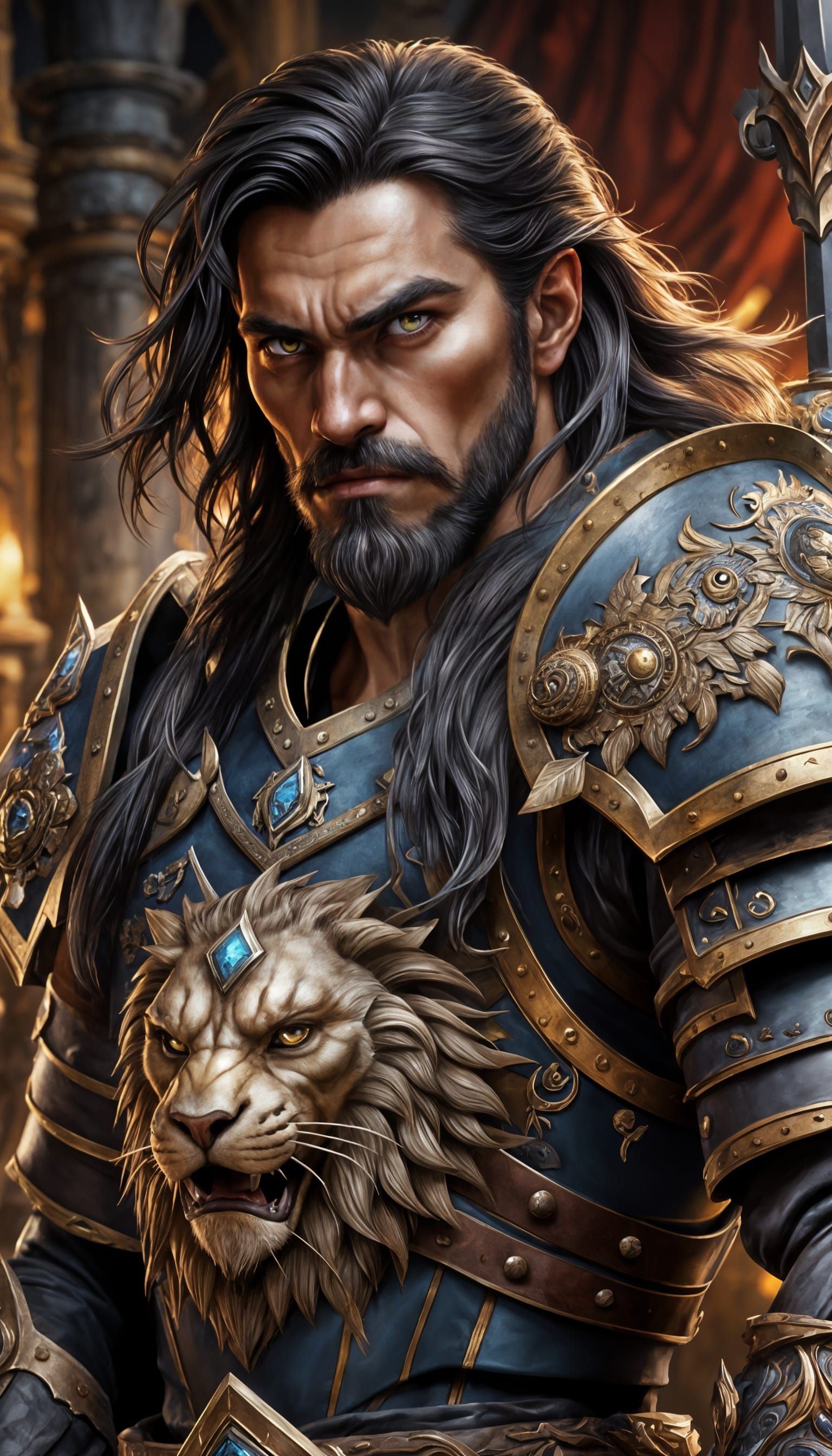 Angry Warrior in Plate Armor Stands in Throne Room