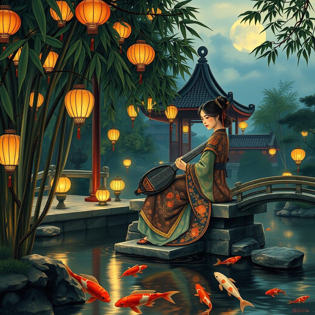Twilight Serenity: Chinese Garden Scene in Art Nouveau Style