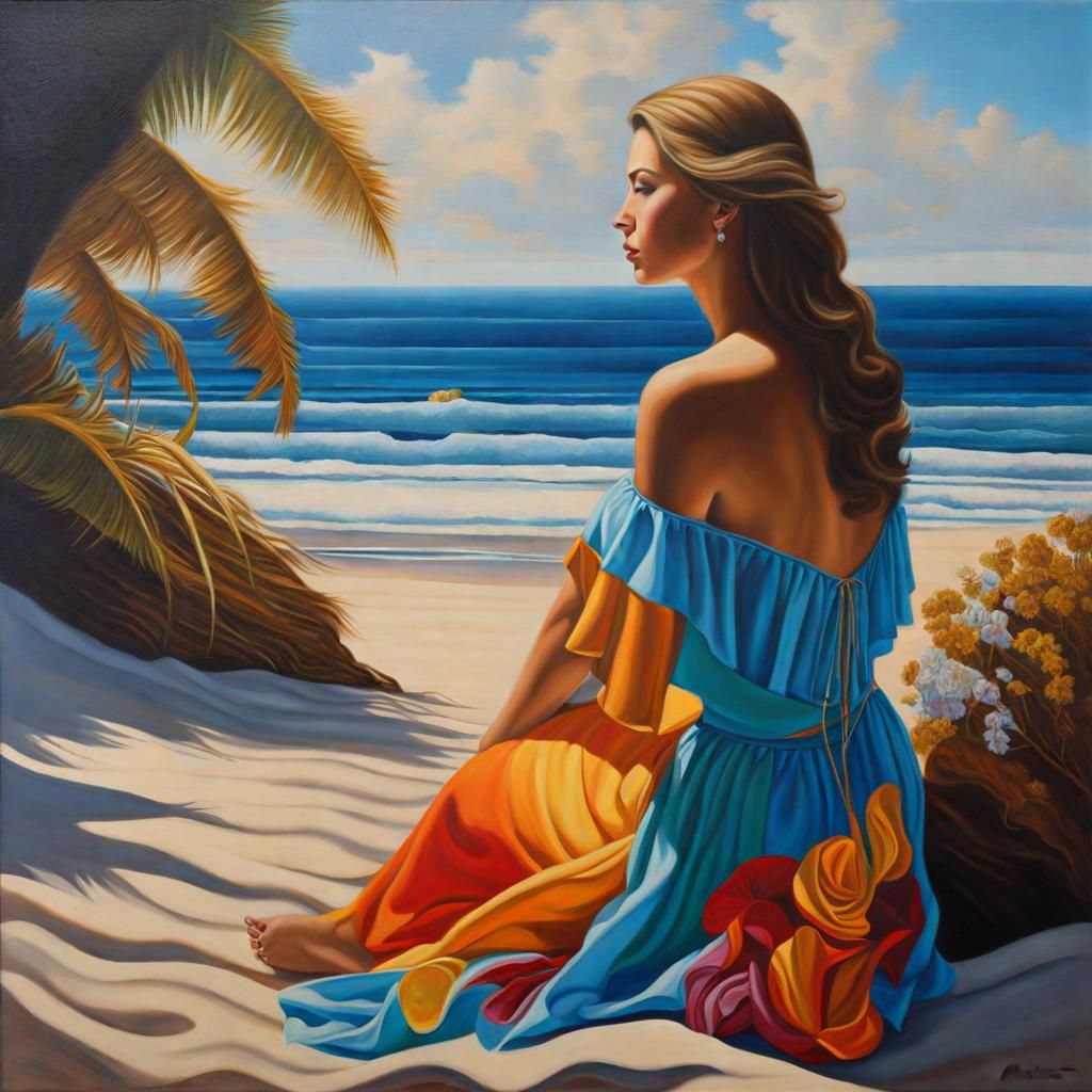 Woman on Beach: Hyperrealistic Oil Painting