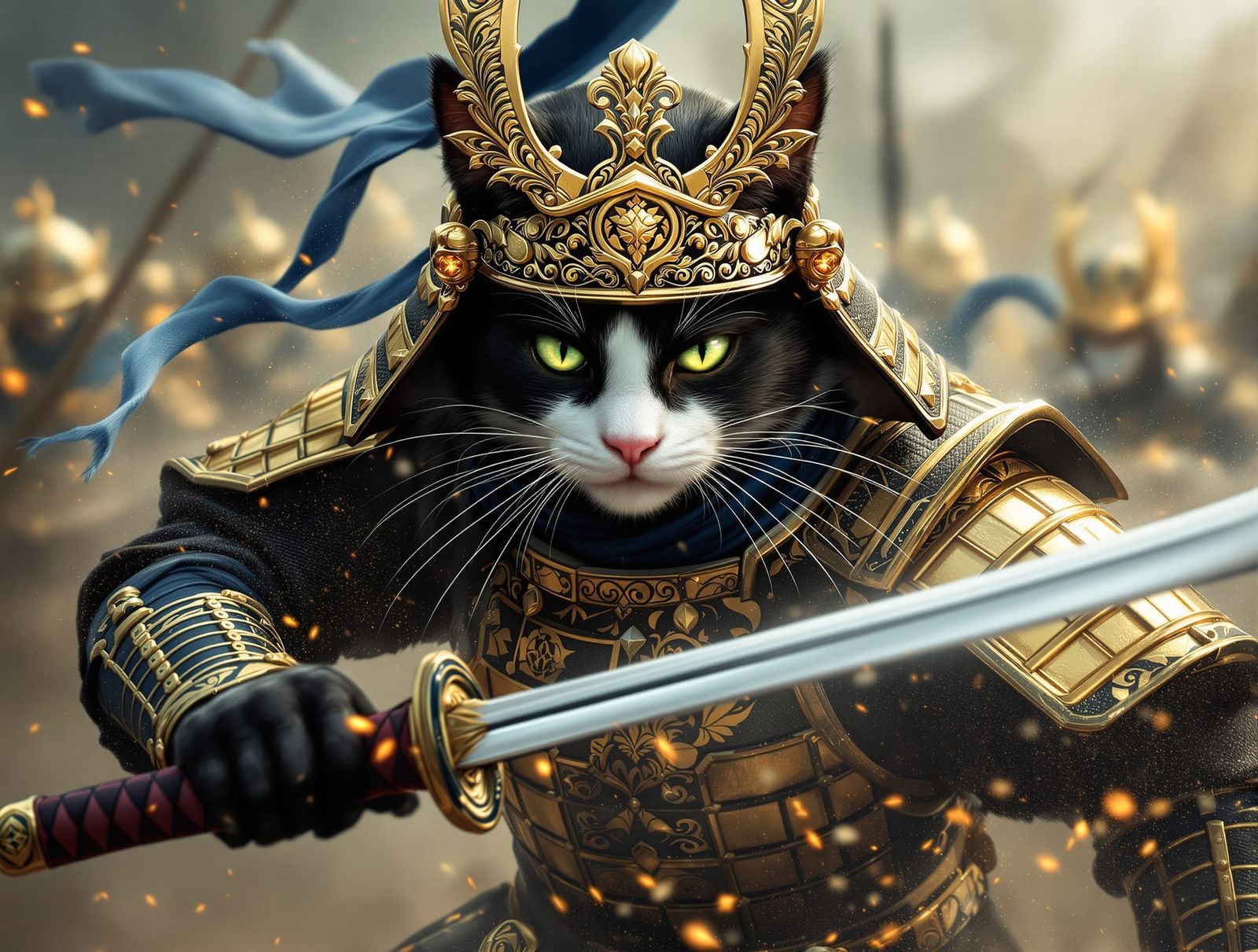 Ninja Cat in Gold Samurai Armor Deflecting Spear
