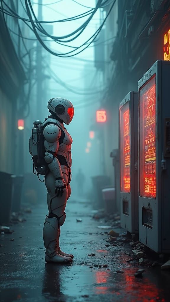 Lone Android at Glowing Vending Machine in Dystopian Alley