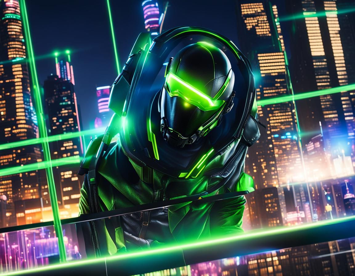 Futuristic Hero in Neon Cityscape: Vivid Digital Art