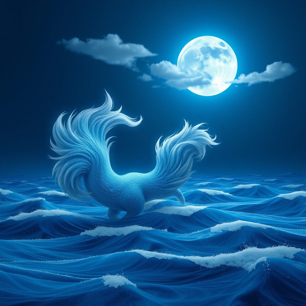 Nine-Tailed Fox Ascending from Cobalt Ocean as 3D Anime Art