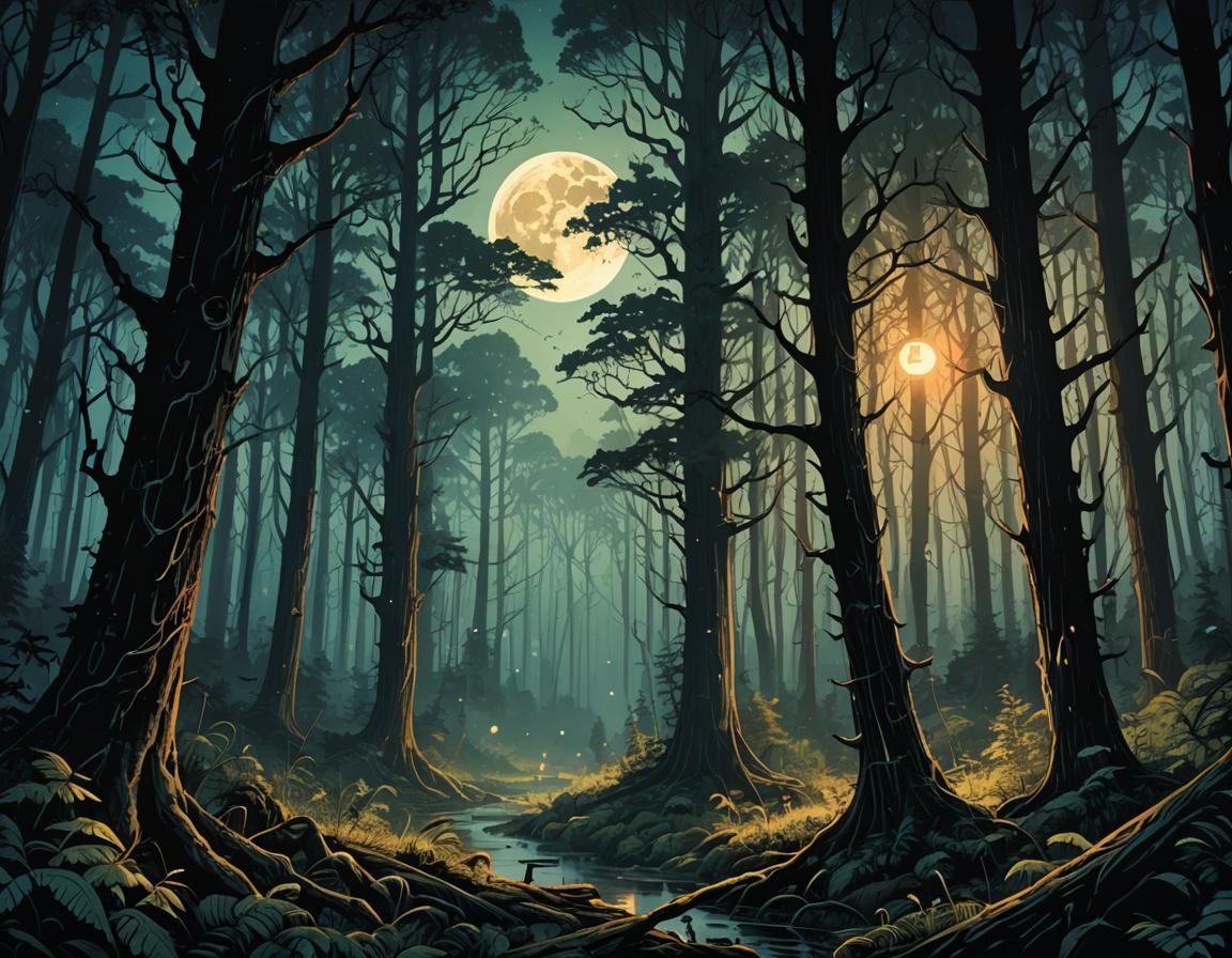 Mystical Dark Fantasy Forest at Midnight
