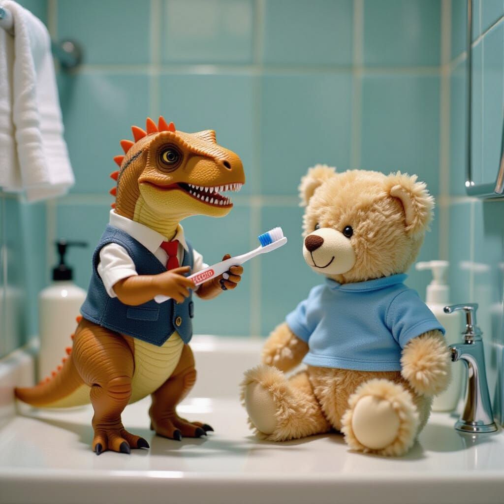 Dinosaur Teaches Teddy Bear to Brush Teeth