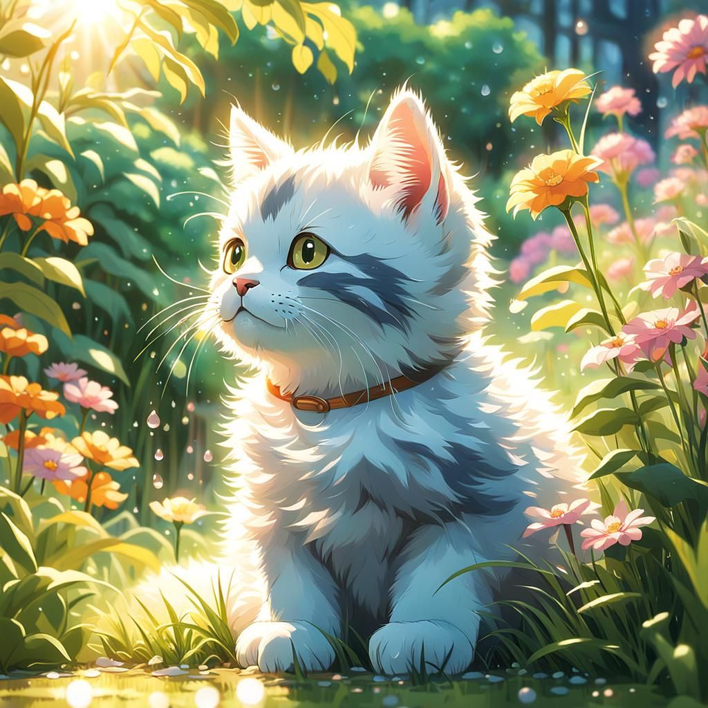 Baby and Kitten in Lush Garden, Ghibli-esque