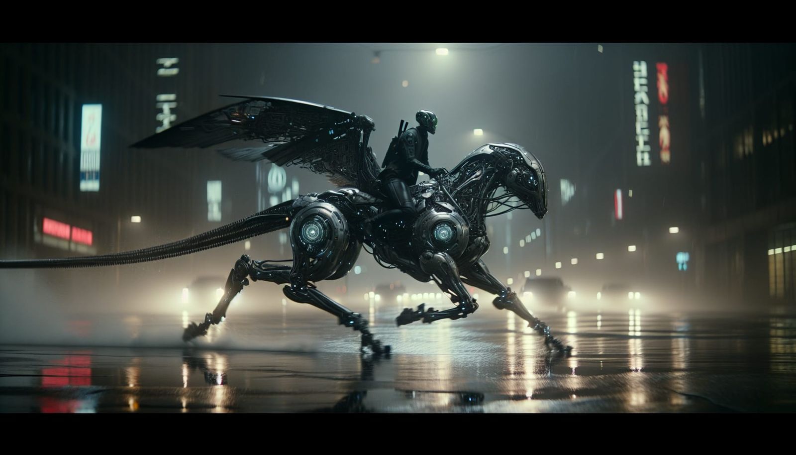 Cybernetic Knight and Biomechanical Mount in Noir City