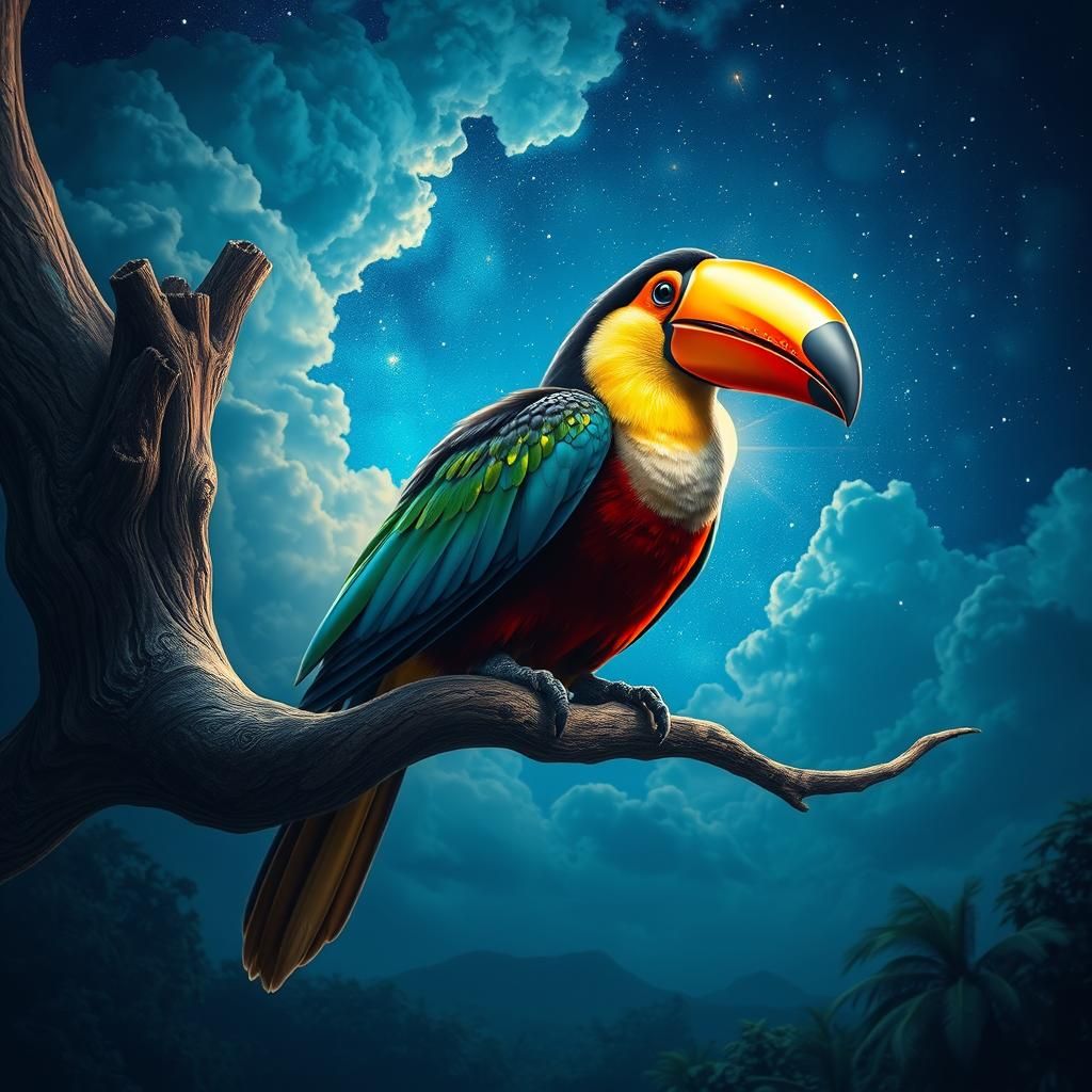 Luminescent Toucan in Starry Night Sky