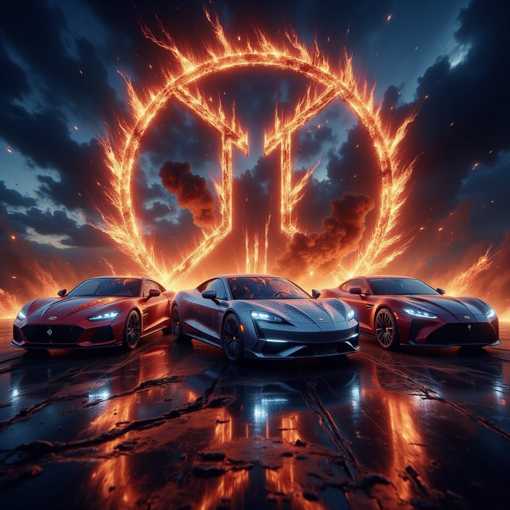 Anime Cars Under Fiery Logo with Iconic Characters