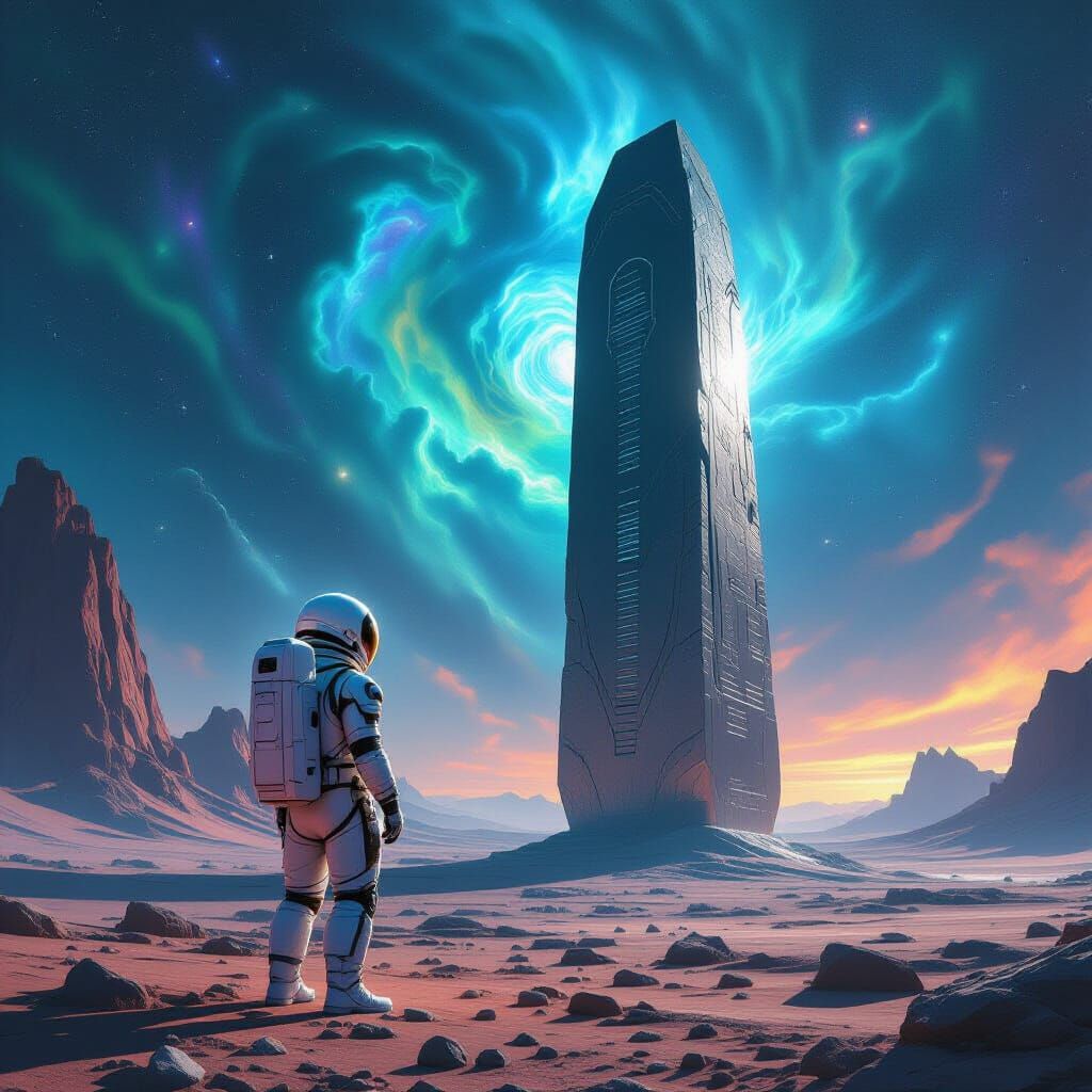 Astronaut and Monolith on Alien Planet in Hyperrealistic Sty...