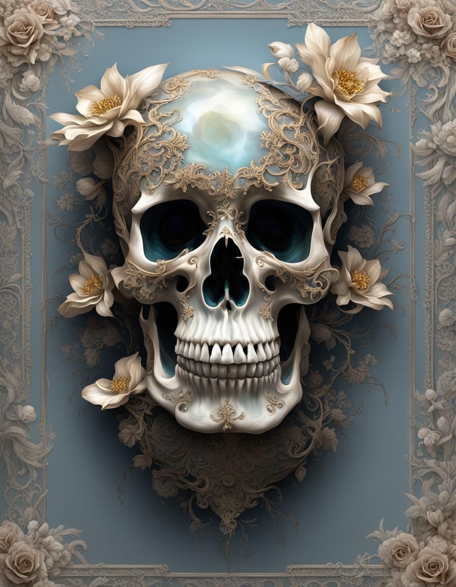 Luminescent Skull with Flowers in Watercolor Style