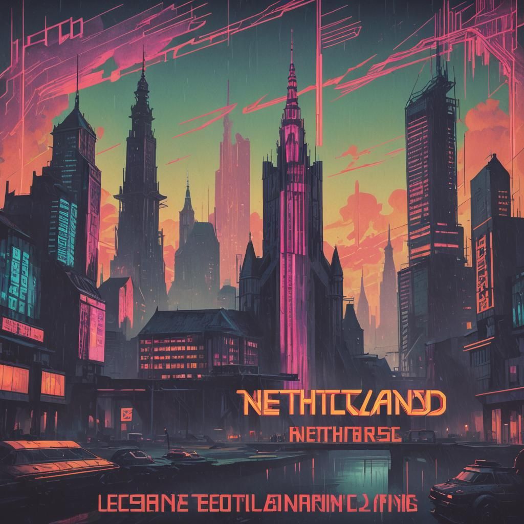 Cyberpunk Propaganda Poster of Netherlands Landmarks