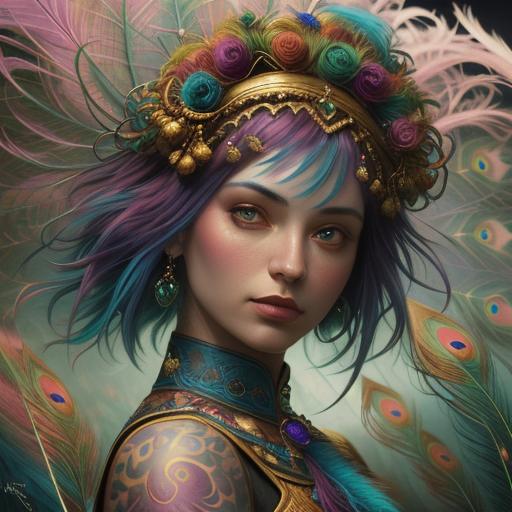 Peacock Feather Woman: Ethereal Fantasy Oil Painting
