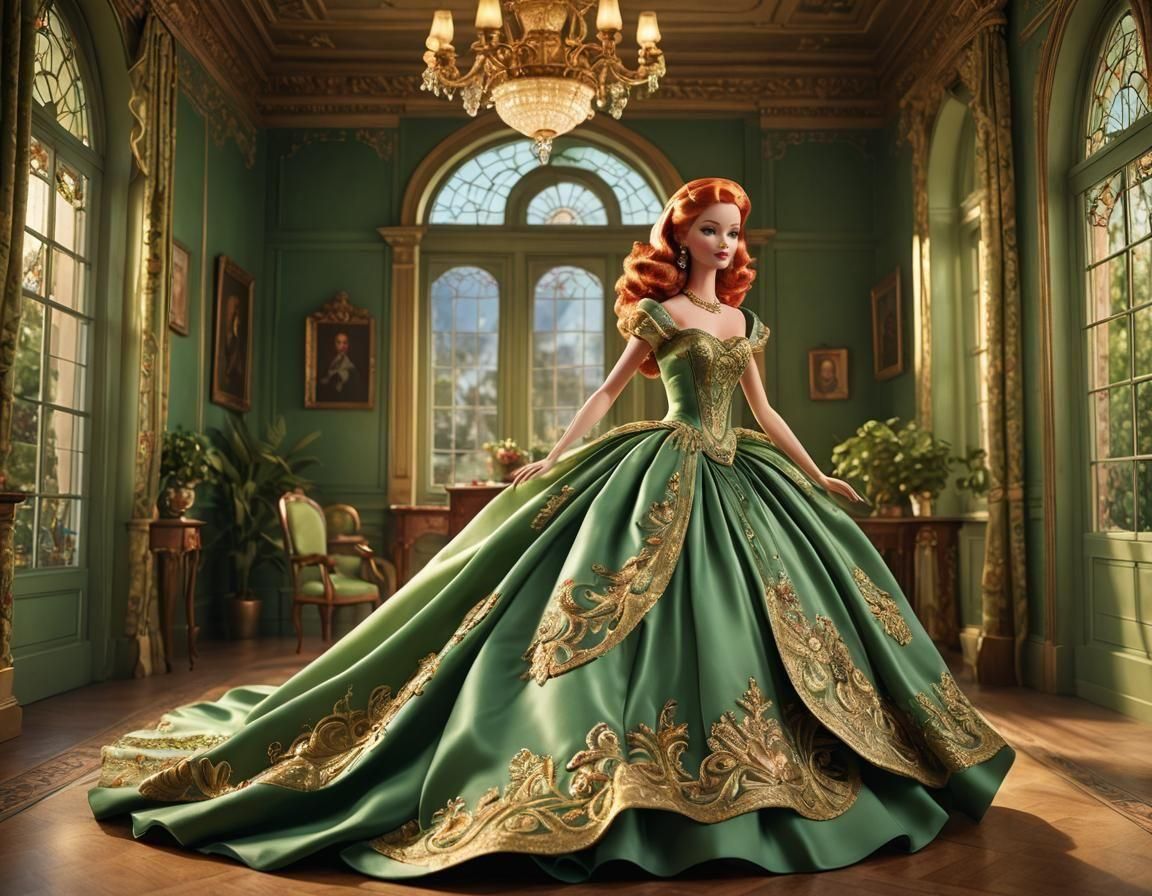 Barbie Doll Sewing Ornate Ballgown in 1940s Diorama