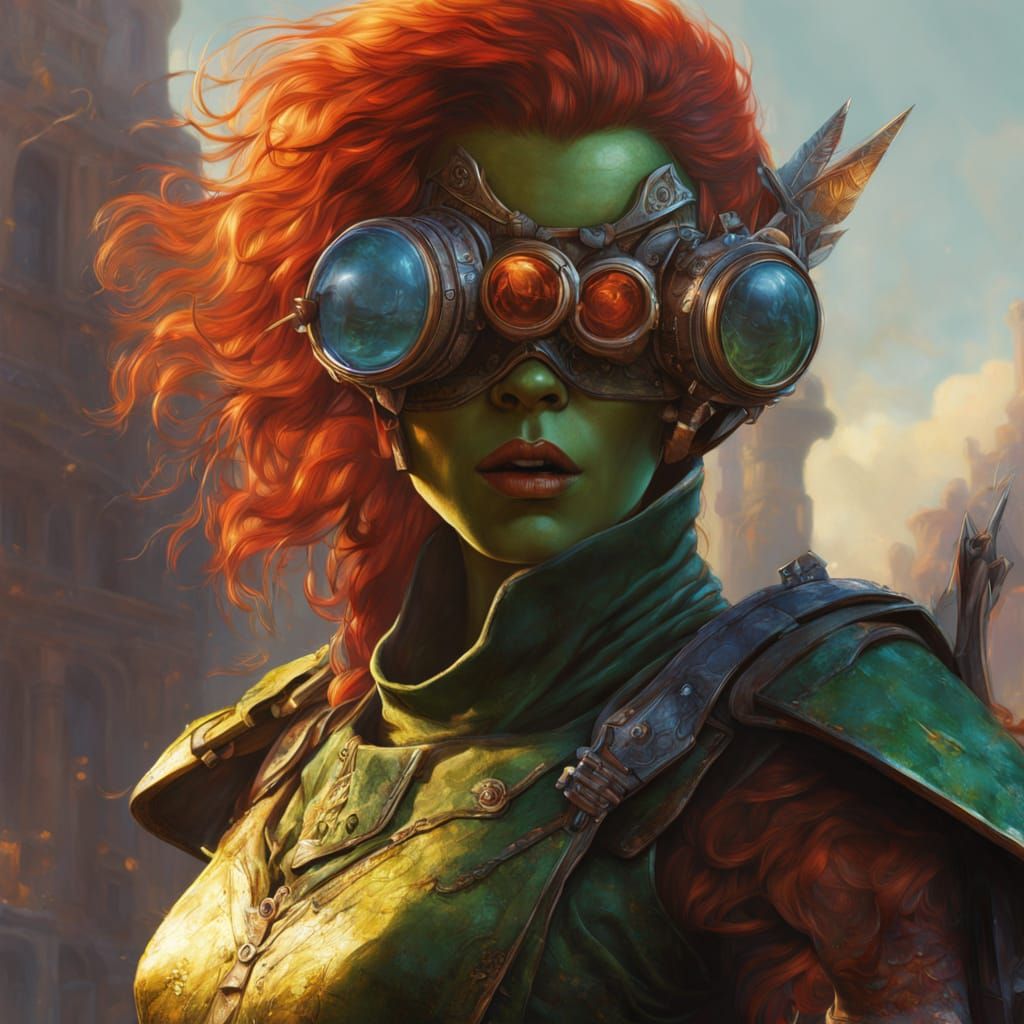 Green Goblin Woman Portrait with Goggles, Hyperrealistic Art