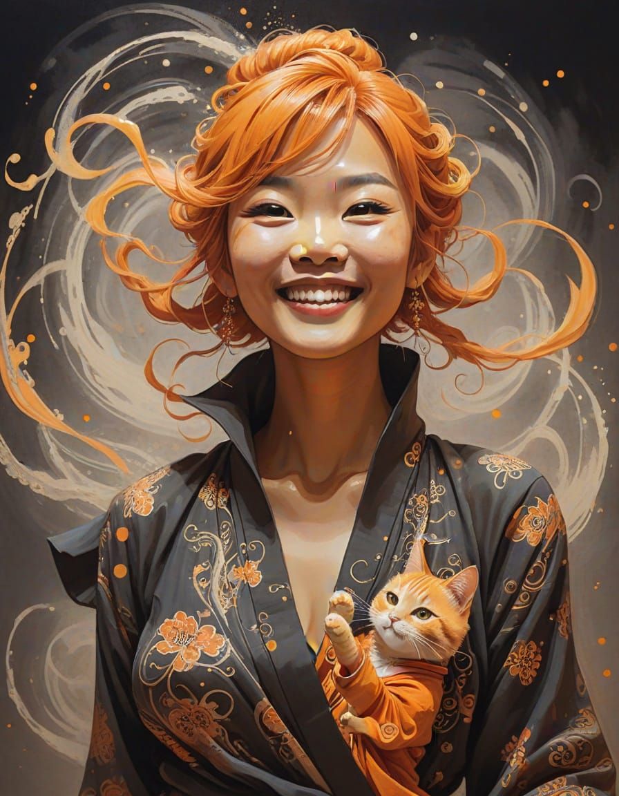 Asian Woman Dancing With Orange Cat in Ethereal Glow