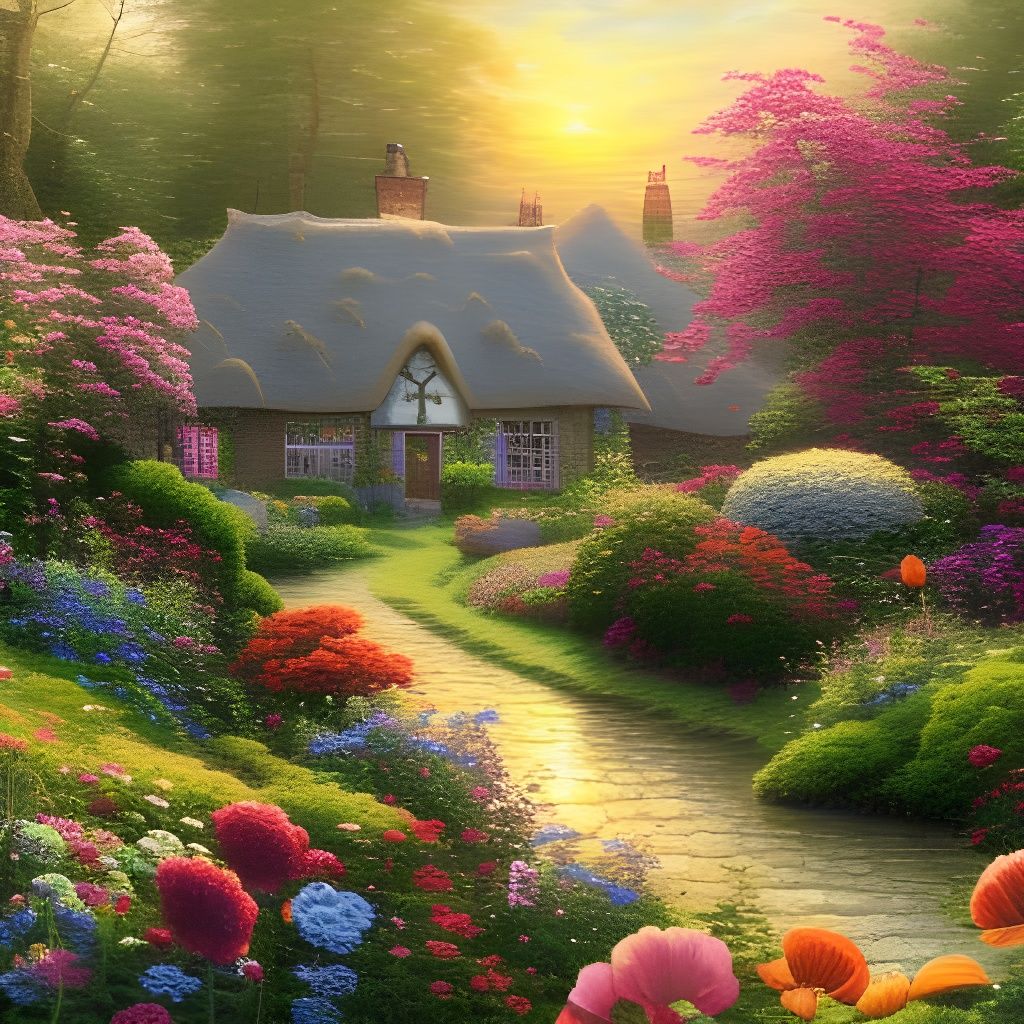 Enchanting English Cottage with Flower Garden in Morning Lig...