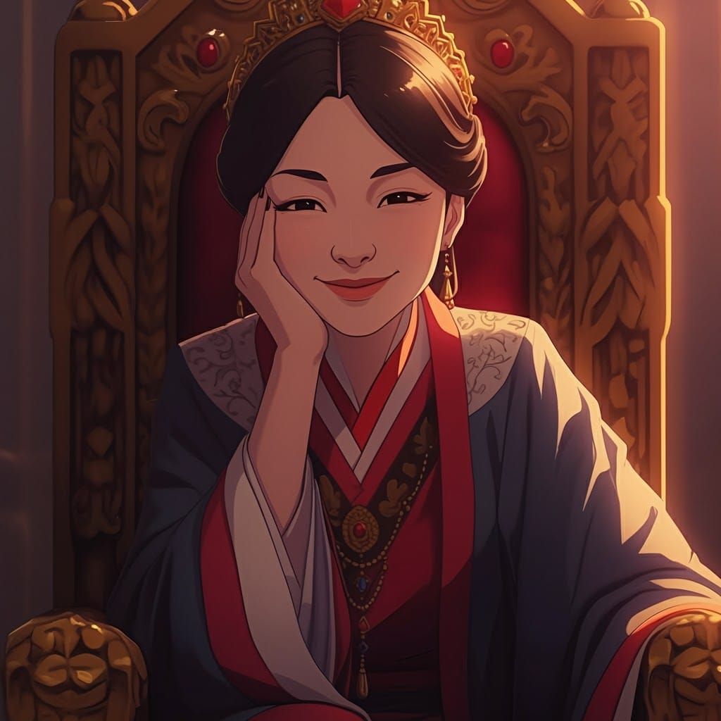 A gorgeous empress sitting upon her throne, resting her hand...