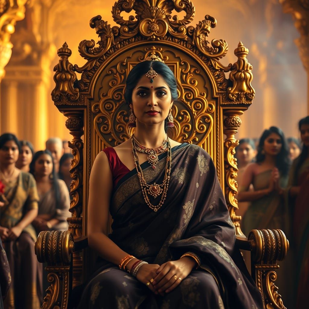 Majestic Indian Queen on Golden Throne in Palace Hall