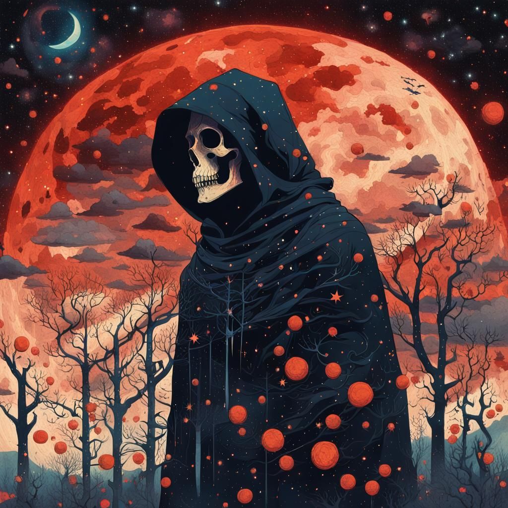 Macabre Starry Grim Reaper Silhouette Art