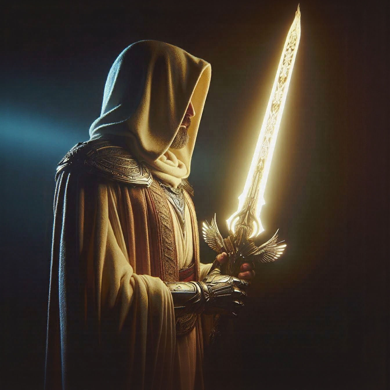 Futuristic Knight with Glowing Blade of Light