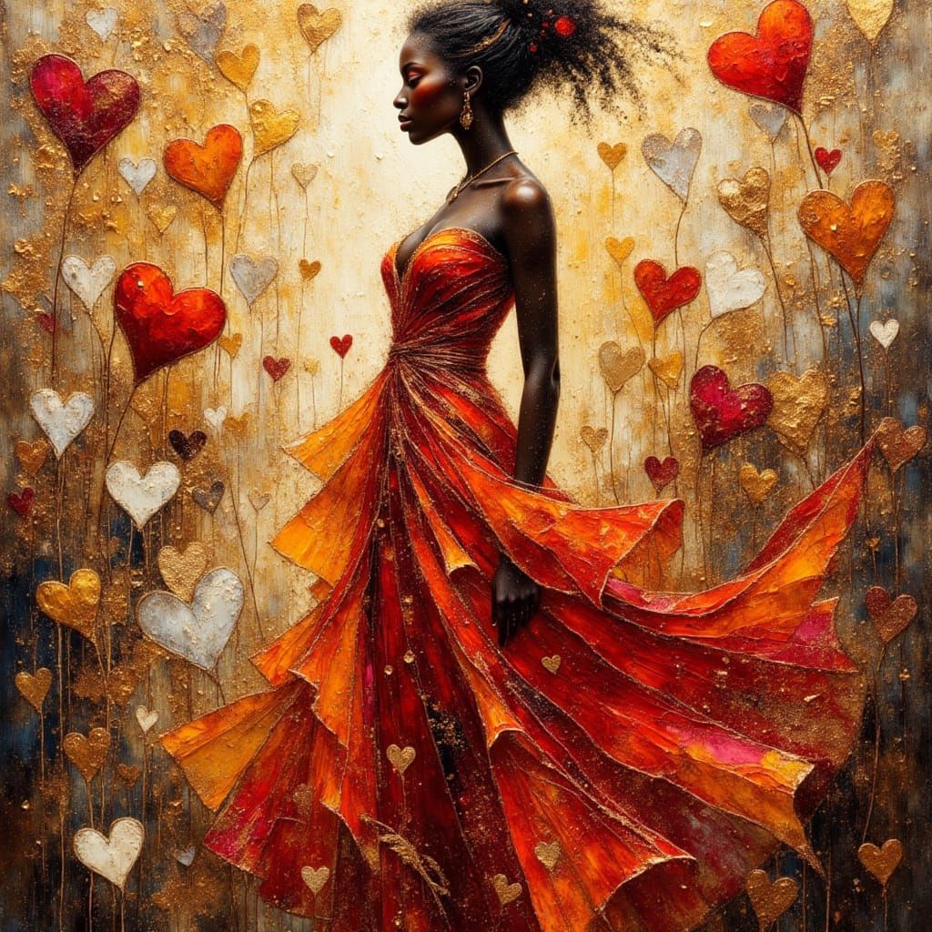 African Princess Silhouette with Hearts as Impasto Art