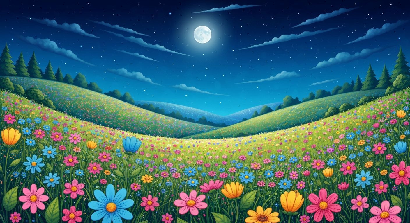 Dreamlike Meadow under Starry Moonlit Sky