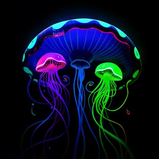 Psychedelic Bioluminescent Jellyfish Floating in Darkness