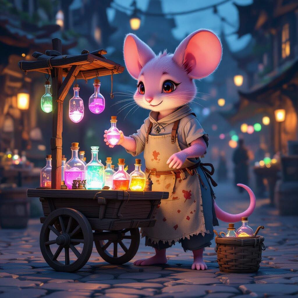 Pink Mouse Alchemist Sells Glowing Potions in Fantasy Market