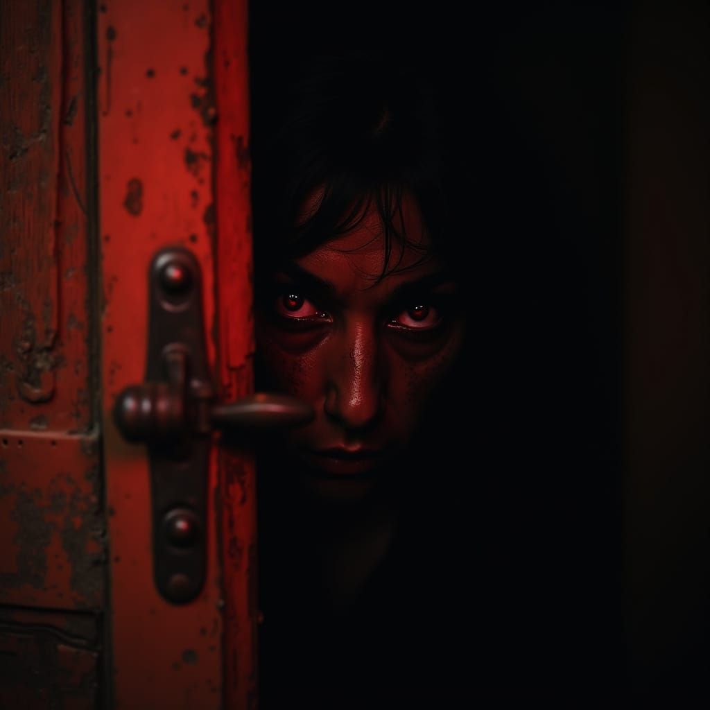 Eerie Eyes Peer Through Door in Horror Style