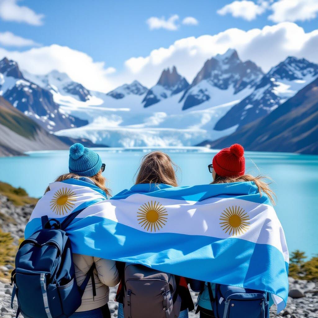 Argentinian Flag Tourists Admire Los Glaciares National Park